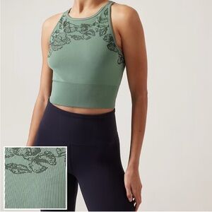 Athleta Aurora Seamless High Neck Crop Tank- Reef Green floral, Large.